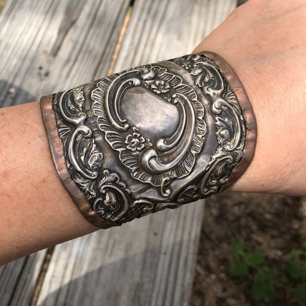 Antique Sterling Silver Cuff Bracelet Repoussé Scroll Size Small Copper 925